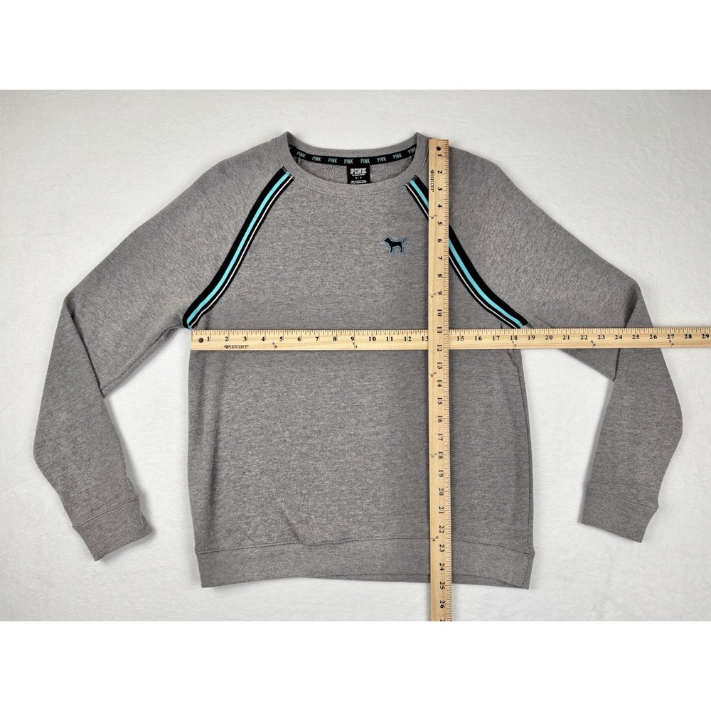 Victorias Secret PINK Gray Raglan Crewneck Sweatshirt Striped Logo Dog Size Smal - Picture 6 of 7